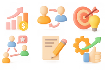 3d business strategy icons: growth, teamwork, target, and planning elements