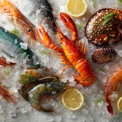 Fresh Seafood Variety on Ice with Lemon Slices and Herbs Display