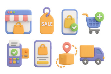 Colorful 3d shopping icons set featuring cart, tag, storefront, delivery truck, and payment elements