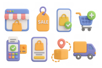 Colorful 3d shopping icons set featuring cart, tag, storefront, delivery truck, and payment elements