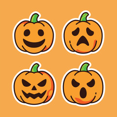 Cartoon Halloween Pumpkin Faces Collection with Spooky Expressions on Orange Background
