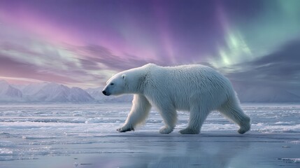 Polar bear walking on ice arctic wildlife animal nature photography aurora borealis northern lights winter scene