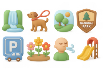 Colorful 3d icons featuring national park, nature scenes, and leisure activities