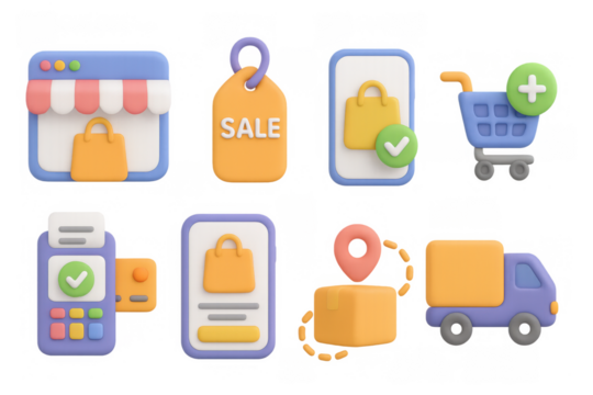 Colorful 3d shopping icons set featuring cart, tag, storefront, delivery truck, and payment elements