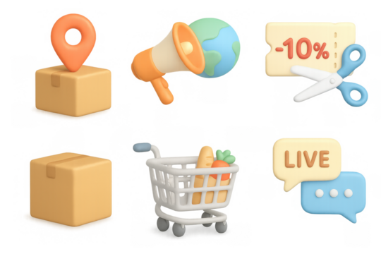 3d shopping and delivery elements: cart, megaphone, discount, location pin