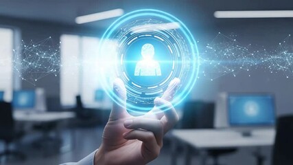 Holographic user profile and data network over office workspace representing digital identity. - Powered by Adobe