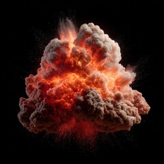 Dramatic fiery explosion with intense smoke against black background, representing powerful force, energy, destruction, and chaos in a captivating and highly dynamic visual spectacle