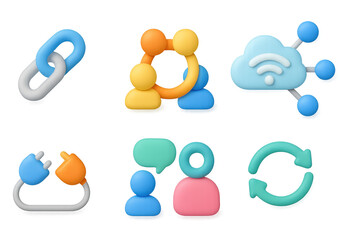 Colorful 3d communication and connectivity icons set for digital networks