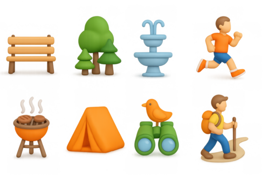 3d icons of outdoor activities: camping, hiking, and park adventures