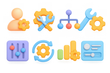 Colorful 3d business and technology icons set for digital solutions