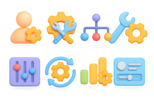 Colorful 3d business and technology icons set for digital solutions