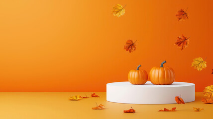 Floating podium with warm fall colors, scattered pumpkins and leaves, perfect for a Thanksgiving-inspired product presentation