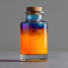 A colorful iridescent glass bottle with a light brown cork stopper.  Orange and blue liquids swirl inside