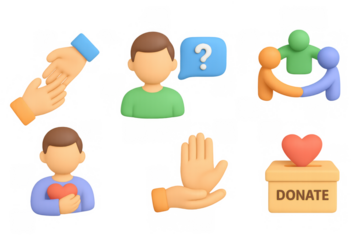 3d icons representing charity, support, and community engagement
