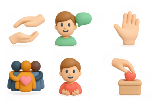 3d cartoon icons of human interaction and kindness