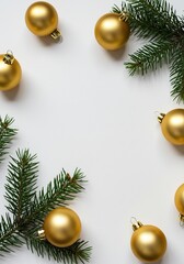 Gold Christmas Ornaments and Fir Branches on White Background