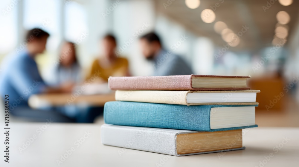 Poster Four colorful books are stacked neatly on a table in a library or classroom setting, with students working together in the background, creating a scene of academic focus and collaboration