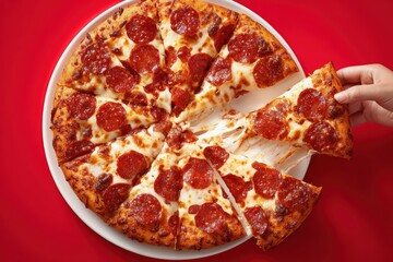 Mouthwatering pepperoni pizza with melted cheese on a red background, perfect for restaurant menus, food blogs, and pizzeria advertisements