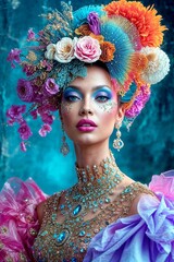 Fashion model shot featuring a beautiful woman with artistic, fantasy, funky, and artistic makeup and dreamlike dress and hat