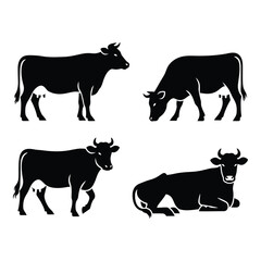 Set of four black silhouettes of cows in different poses for farm and livestock design silhouette