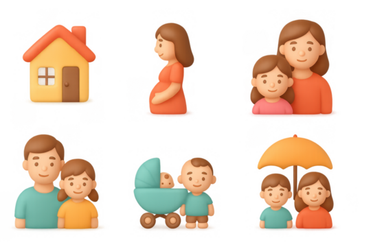 Happy family moments in soft 3d style with playful characters and cozy home