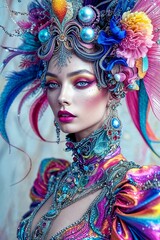Fashion model shot featuring a beautiful woman with artistic, fantasy, funky, and artistic makeup, dreamlike dress, hat and accesories