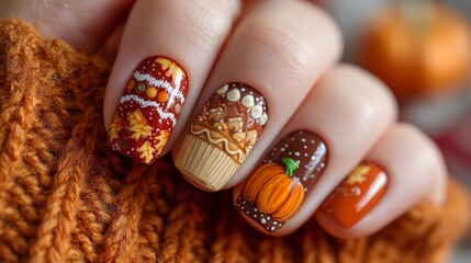 Thanksgiving nails with mini turkeys and pumpkin pies, warm orange and brown, festive blurred bg