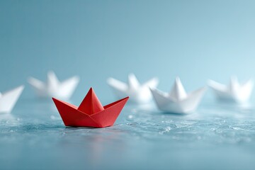 Obraz premium Red Paper Boat Leading White Paper Boats.