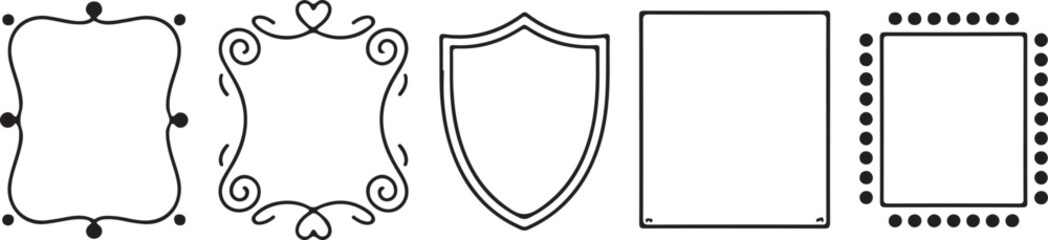 Set of Decorative Frames with Black Line on Transparent Background for Design