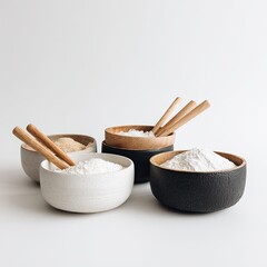 Wooden spoons in small bowls filled with flour and sugar