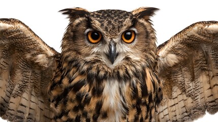 Fototapeta premium Close up portrait of a european eagle owl with open wings and orange eyes isolated on white background
