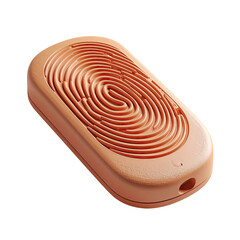 Peach-colored, oblong object with textured fingerprint-like design