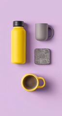 Bright yellow water bottle, gray mug, and coaster on a purple background