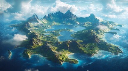An awe-inspiring aerial view of a mythical ring-shaped island, a hidden paradise surrounded by ocean and clouds