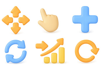 Colorful 3d icons set with direction arrows, hand gesture, plus sign, and refresh symbols