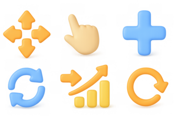 Colorful 3d icons set with direction arrows, hand gesture, plus sign, and refresh symbols