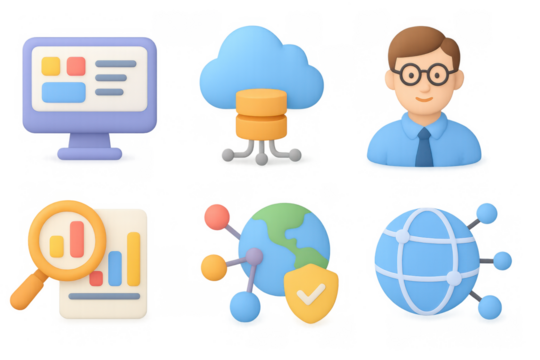 3d tech icons: cloud computing, data analysis, and global connectivity