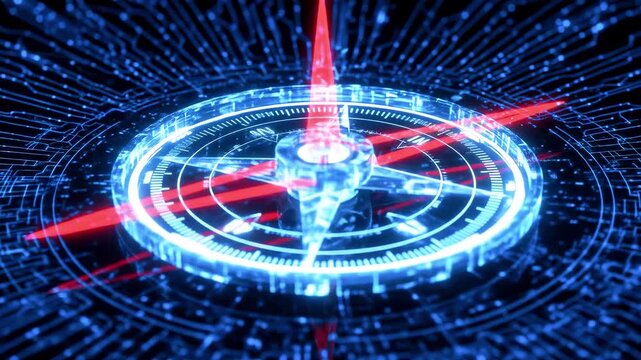 Futuristic digital compass with glowing elements, set against a dark background, symbolizing navigation