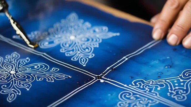 Artisan hand applying wax with canting on indigo batik fabric tiles.