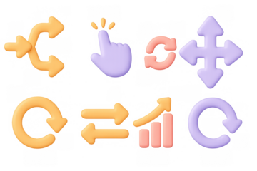 Colorful 3d icons set with arrows and hand gesture elements