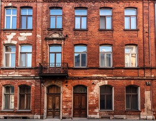 Fototapeta premium Old brick building facade with windows and doors