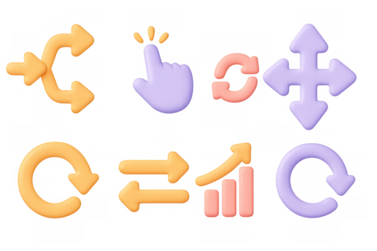 Colorful 3d icons set with arrows and hand gesture elements