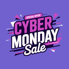 Fototapeta premium Cyber Monday sale typography, purple background, special offer label, dynamic streak shapes, trendy poster, banner template vector