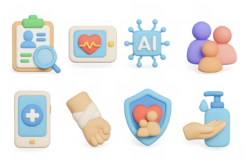3d icons of technology and health essentials with family and medical themes