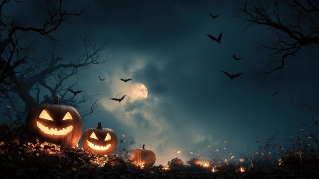 Halloween horror background with scary pumpkin, flying bats, misty moonlight and dead branches, copy space for text, perfect for poster and social media design