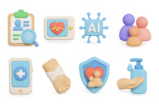 3d icons of technology and health essentials with family and medical themes