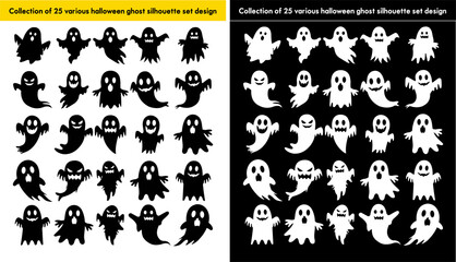 Collection of 25 various halloween ghost silhouette set design isolated in white and black background. Cute and spooky vector set for design and decor.