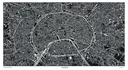 Detailed black and white map of central paris with streets and landmarks