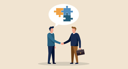 Fototapeta premium Two diverse men discuss partnership with puzzle speech bubble