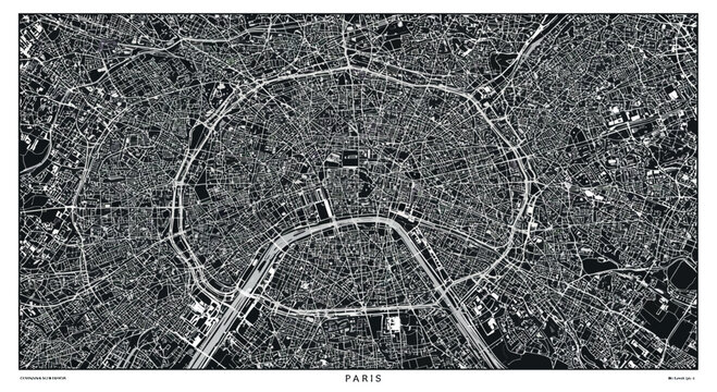 Detailed black and white map of central paris with streets and landmarks